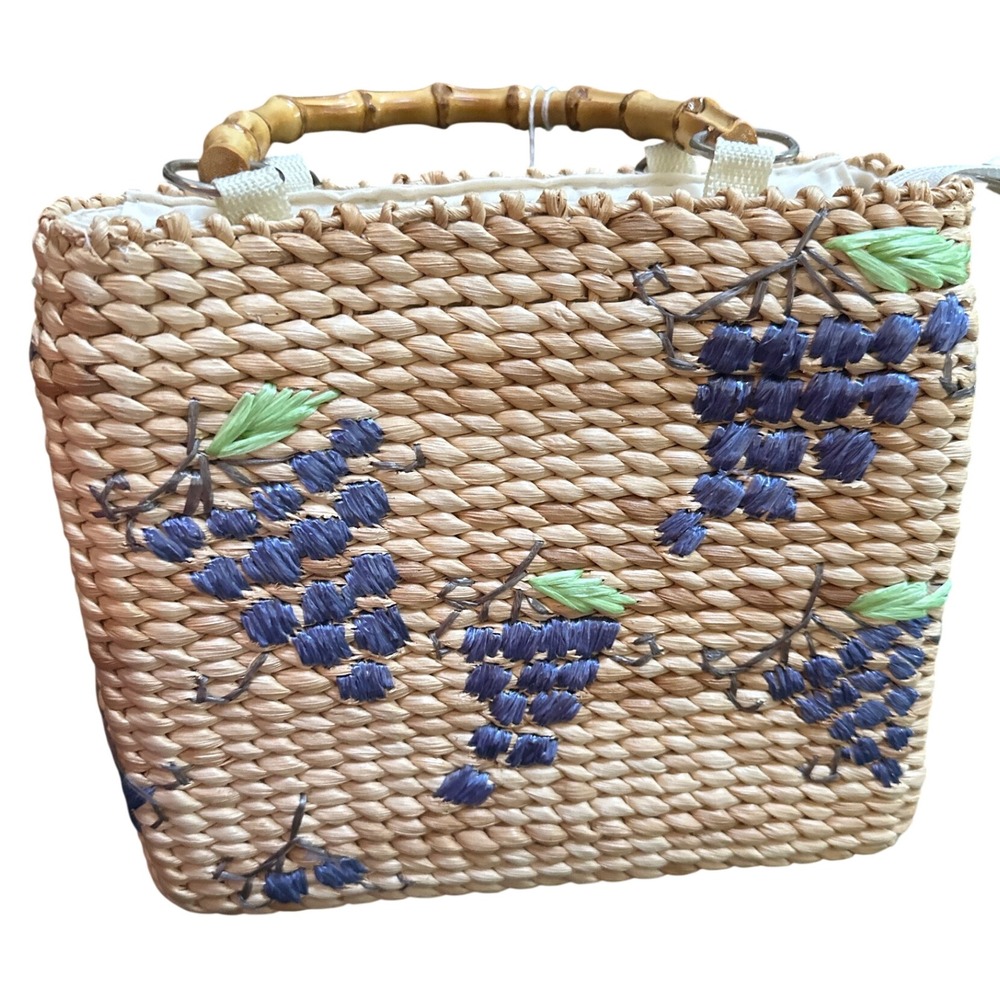 Pandamerica California Straw Handbag Bamboo Handle Grape Embroidered Vintage
